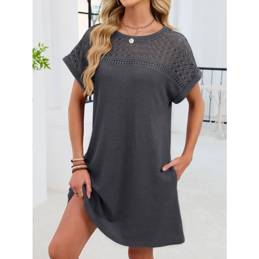 Lace Round Neck Short Sleeve T-Shirt Dress Dark Gray / S Apparel and Accessories