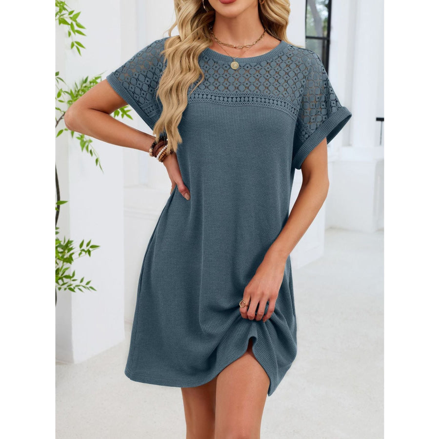 Lace Round Neck Short Sleeve T-Shirt Dress French Blue / S Apparel and Accessories