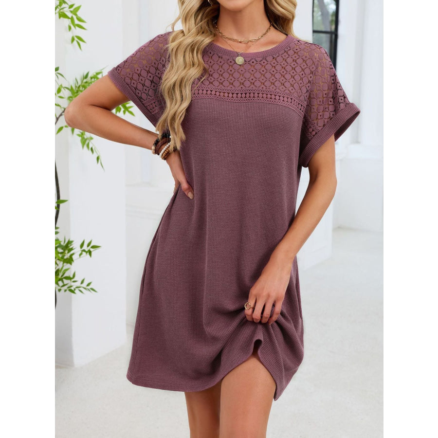 Lace Round Neck Short Sleeve T-Shirt Dress Mauve / S Apparel and Accessories