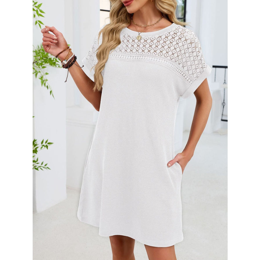 Lace Round Neck Short Sleeve T-Shirt Dress White / S Apparel and Accessories