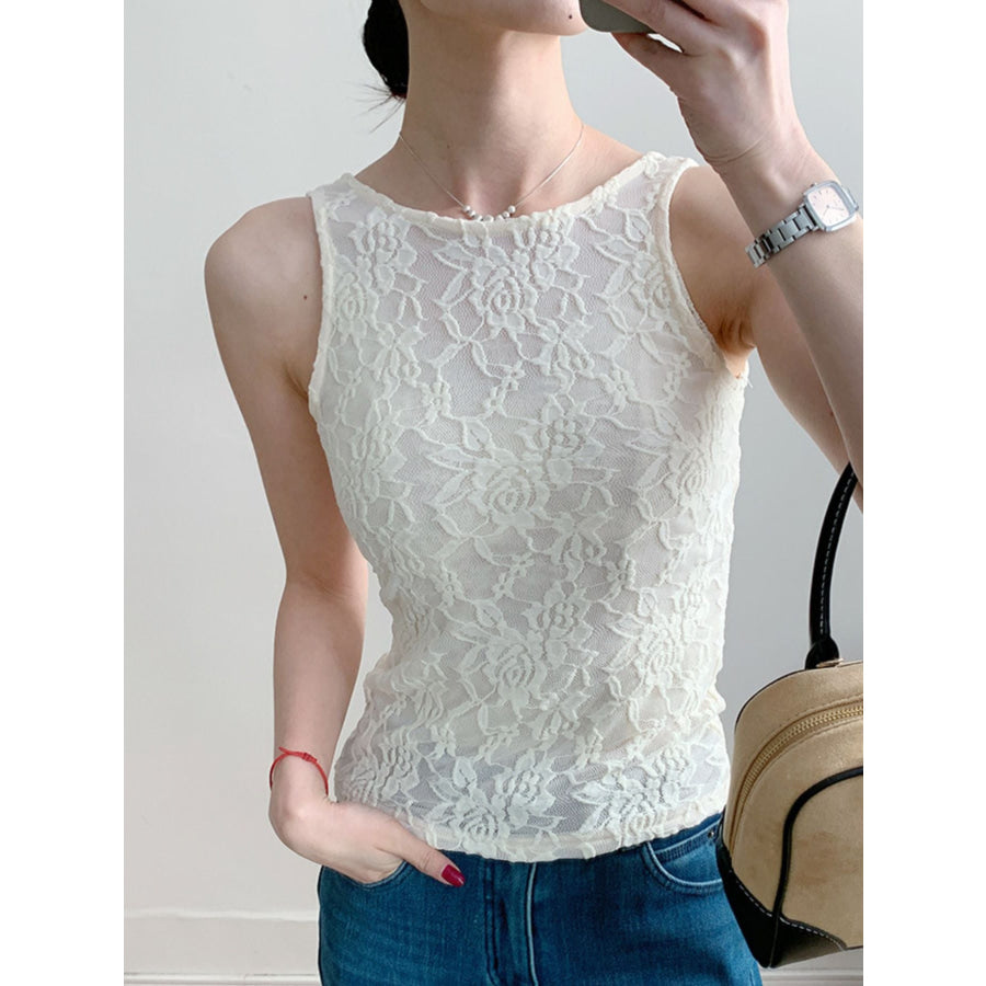Lace Round Neck Tank White / S Apparel and Accessories