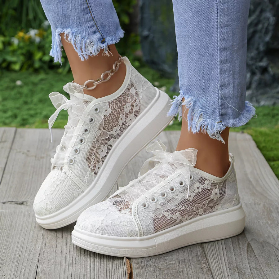 Lace Round Toe Sneakers White / 36 Apparel and Accessories