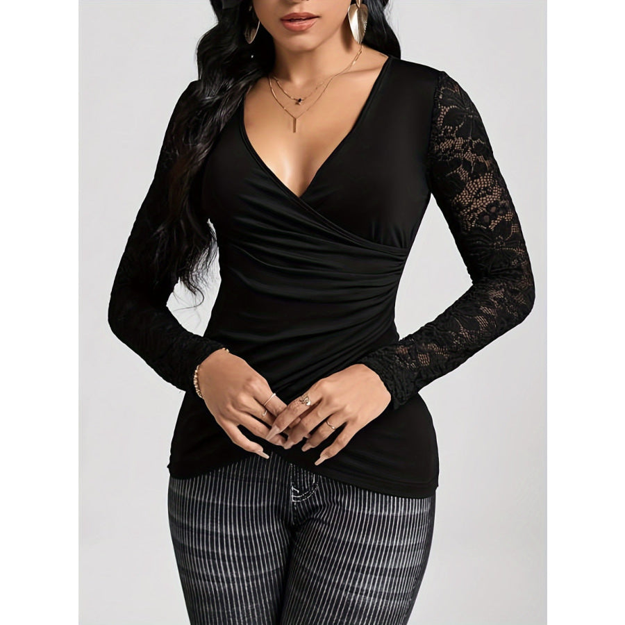 Lace Ruched Surplice Long Sleeve Top Black / S Apparel and Accessories