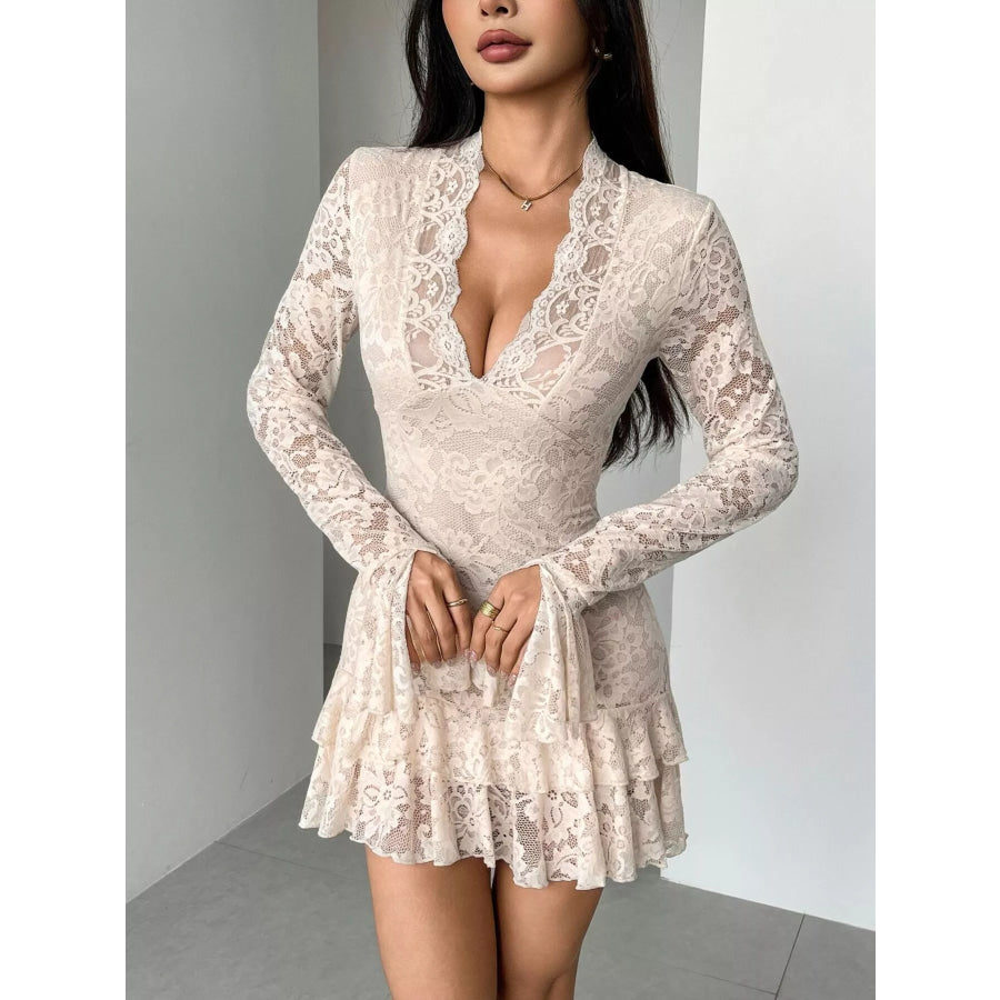Lace Ruffle Hem Mini Dress Apparel and Accessories