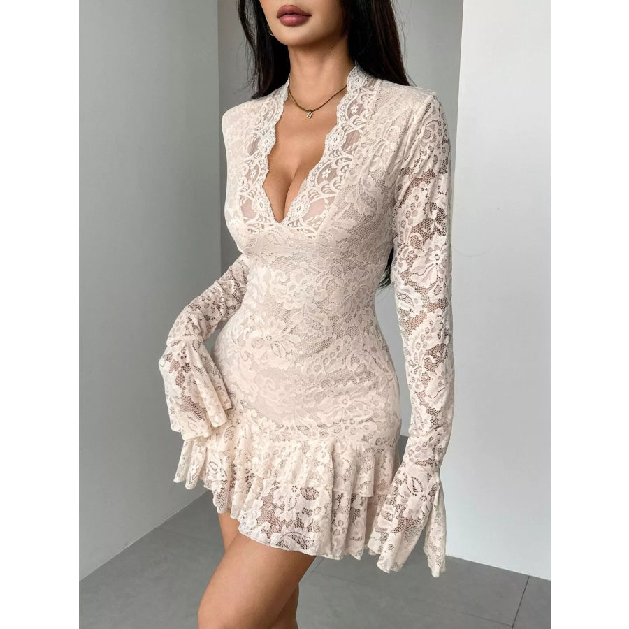 Lace Ruffle Hem Mini Dress Beige / S Apparel and Accessories