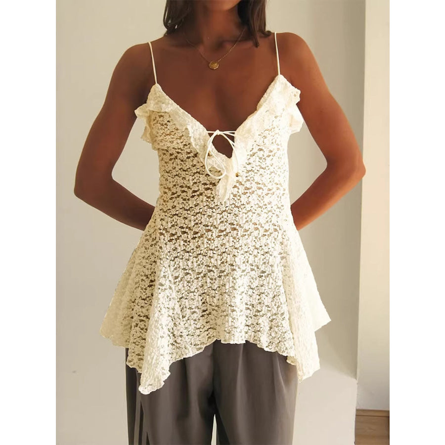 Lace Ruffle Trim Tie-Front Cami Beige / S Apparel and Accessories