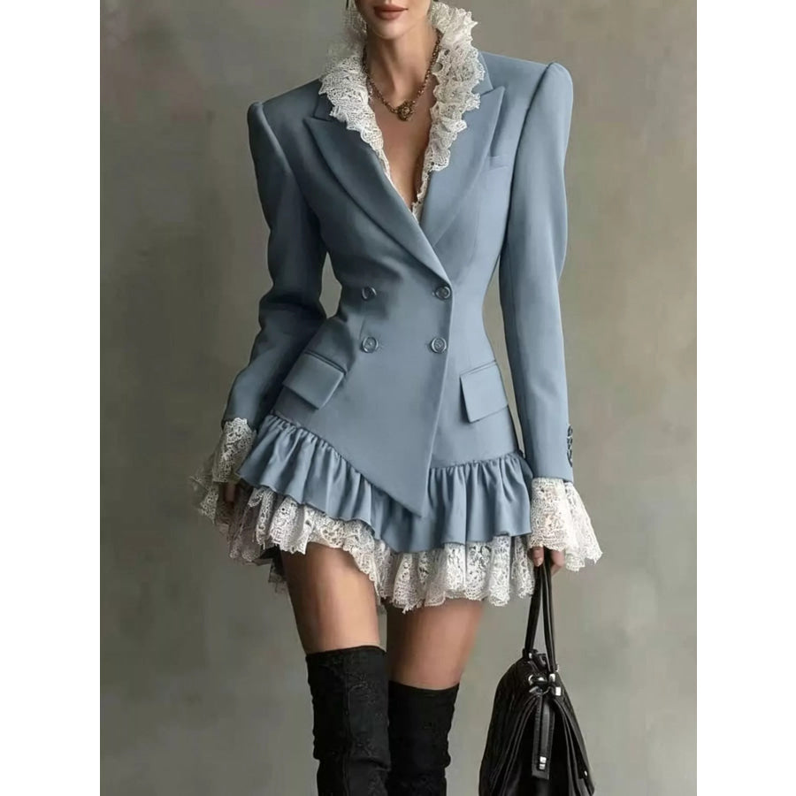 Lace Ruffled Hem Blazer Dress Blue Gray / S Apparel and Accessories
