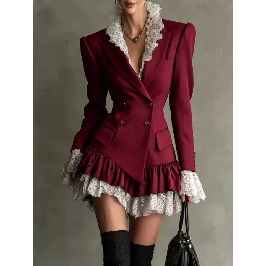 Lace Ruffled Hem Blazer Dress Burgundy / S Apparel and Accessories