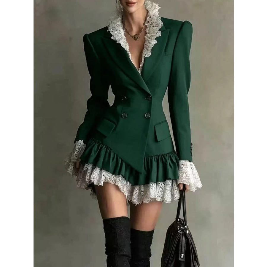Lace Ruffled Hem Blazer Dress Dark Green / S Apparel and Accessories