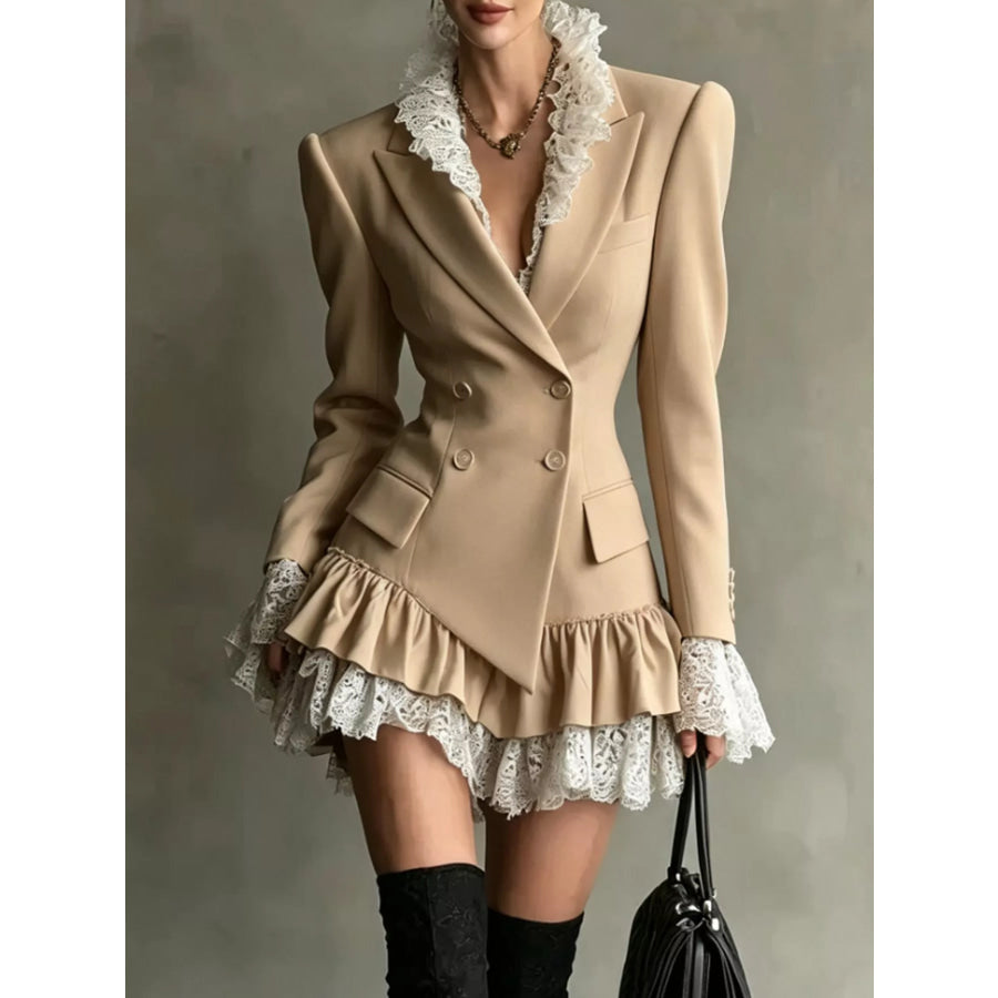 Lace Ruffled Hem Blazer Dress Khaki / S Apparel and Accessories