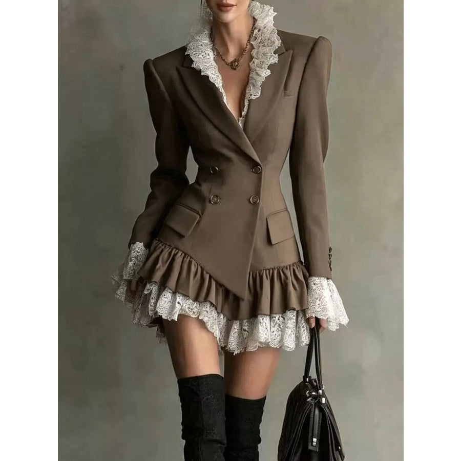 Lace Ruffled Hem Blazer Dress Mocha Brown / S Apparel and Accessories