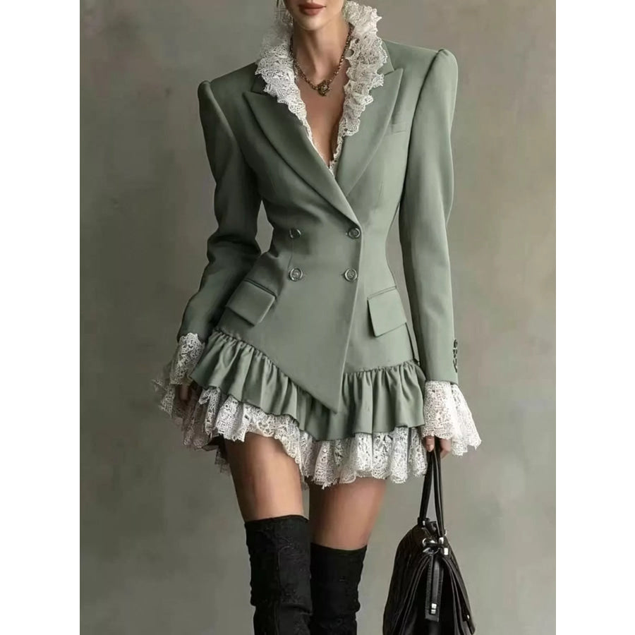 Lace Ruffled Hem Blazer Dress Muted Pea Green / S Apparel and Accessories