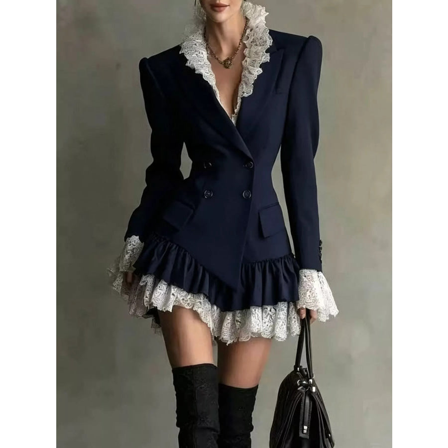 Lace Ruffled Hem Blazer Dress Navy / S Apparel and Accessories
