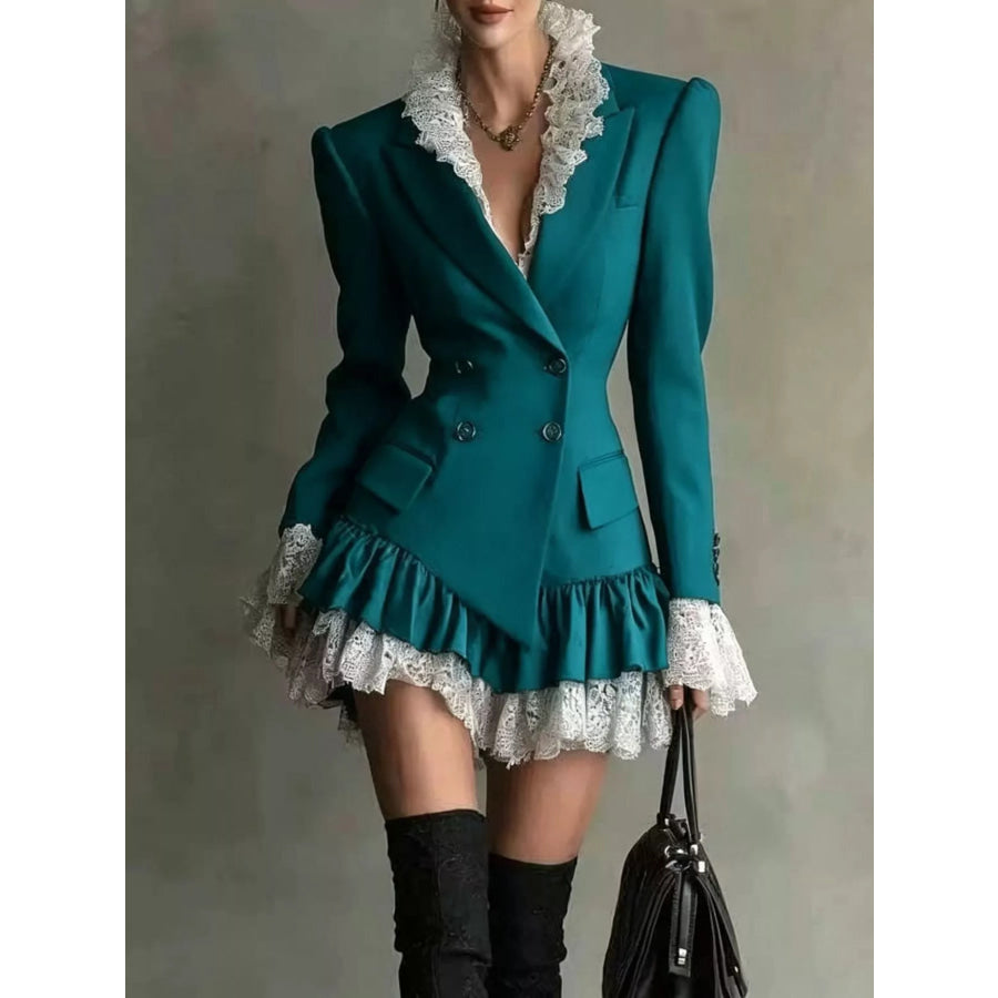 Lace Ruffled Hem Blazer Dress Peacock Blue / S Apparel and Accessories