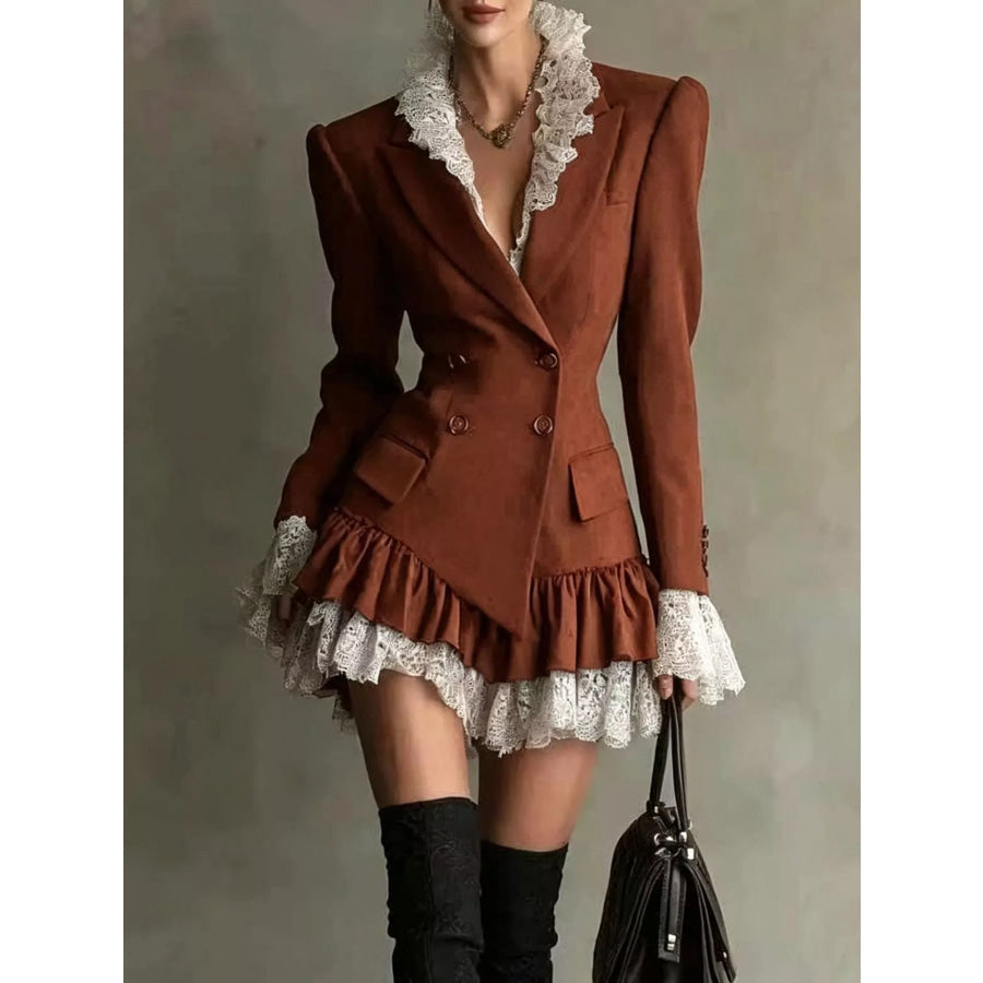 Lace Ruffled Hem Blazer Dress Rust Brown / S Apparel and Accessories