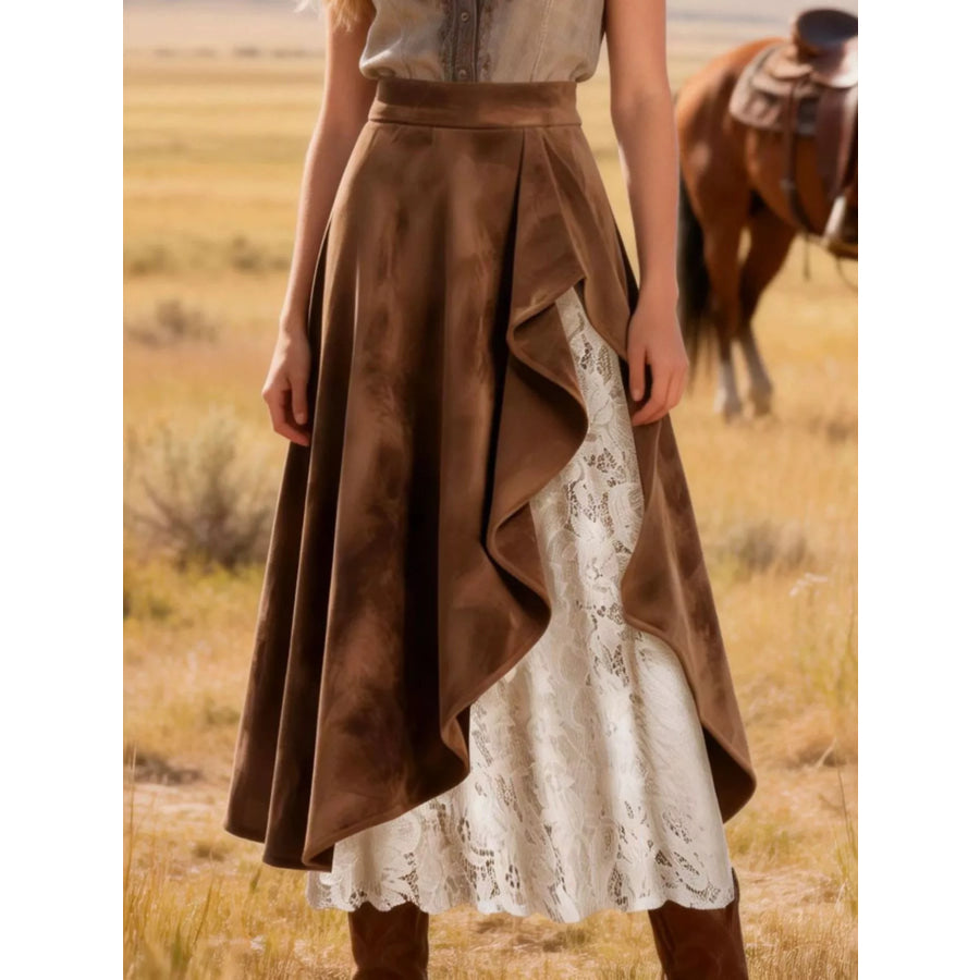 Lace Ruffled Midi Skirt Brown / S Apparel and Accessories