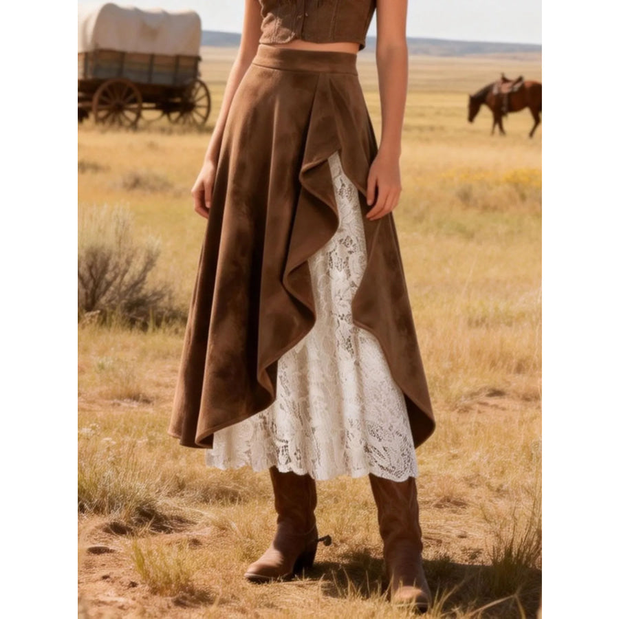 Lace Ruffled Midi Skirt Brown / S Apparel and Accessories