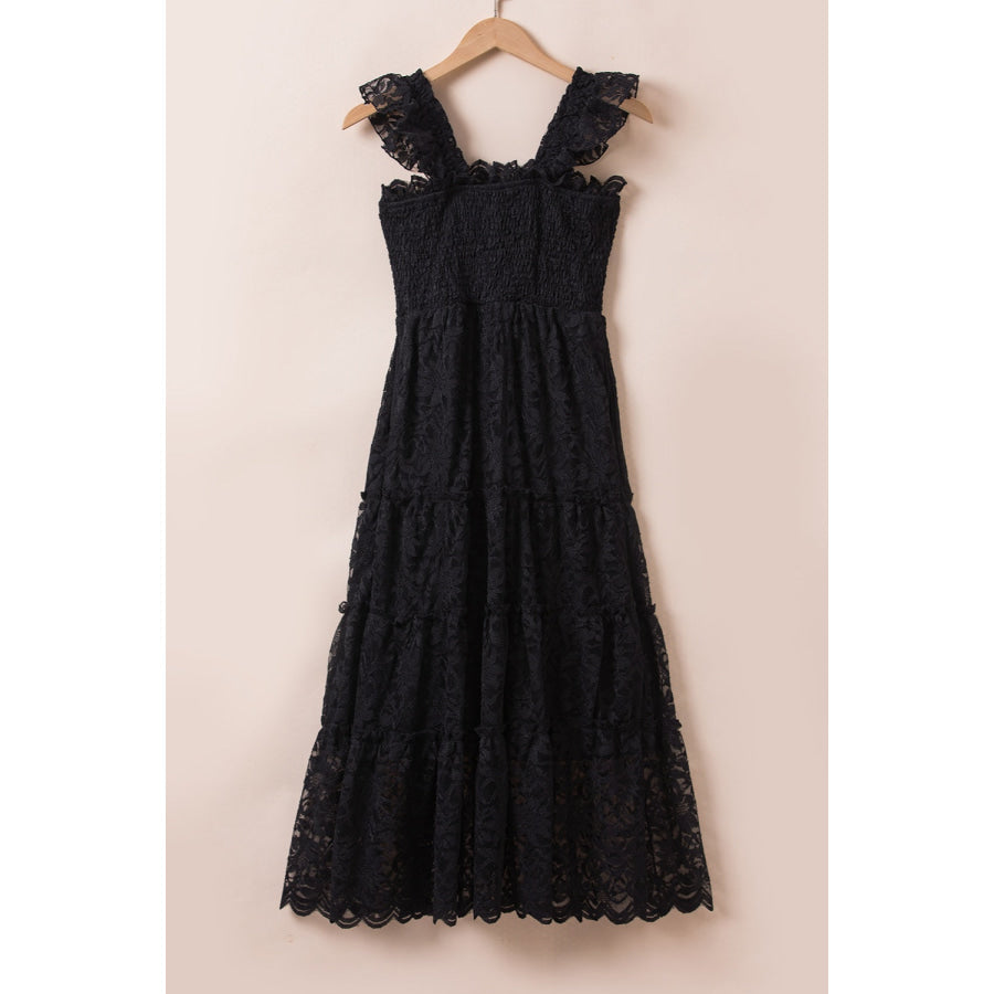 Lace Ruffled Wide Strap Midi Dress Apparel and Accessories