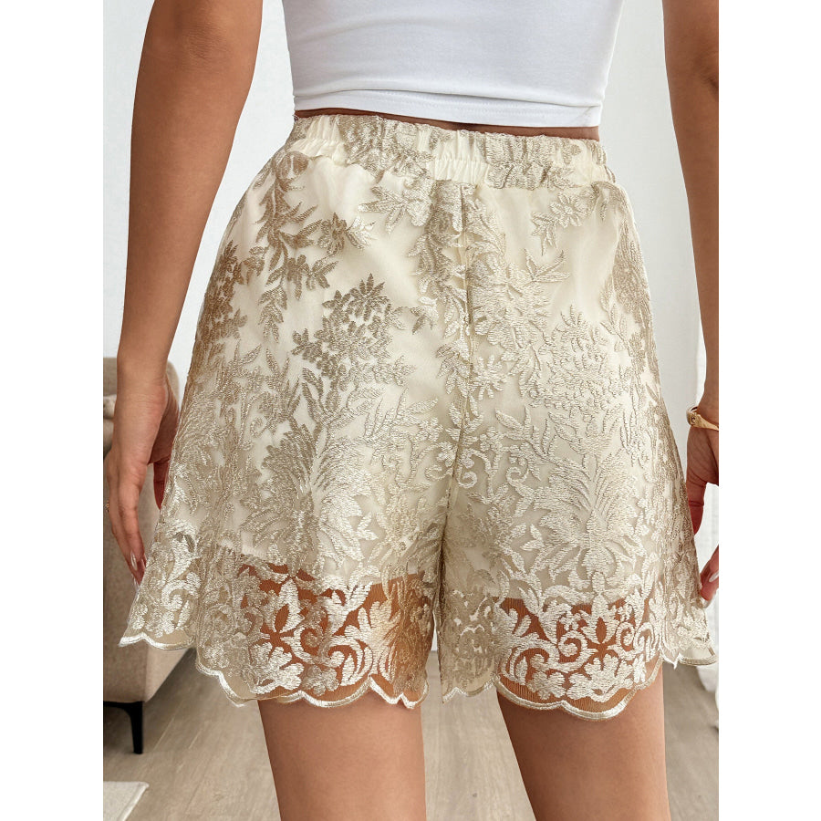 Lace Scalloped Hem Elastic Waist Shorts Apparel and Accessories