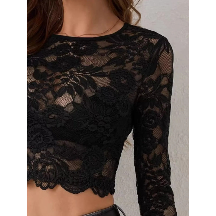 Lace Sheer Long Sleeve Crop T-Shirt Apparel and Accessories