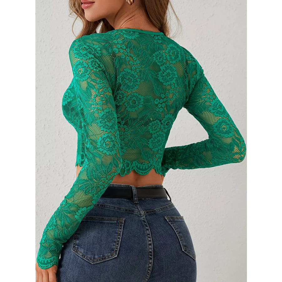 Lace Sheer Long Sleeve Crop T-Shirt Apparel and Accessories