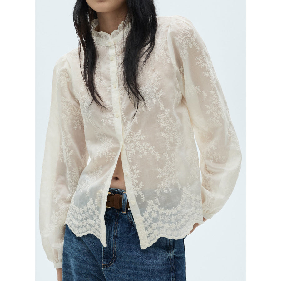 Lace Sheer Long Sleeve Shirt Apricot / S Apparel and Accessories