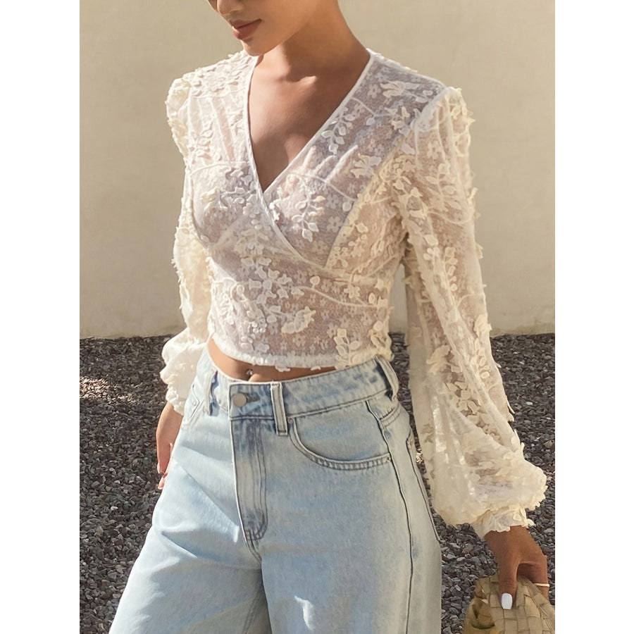 Lace Sheer Long Sleeve Wrap Blouse Apparel and Accessories