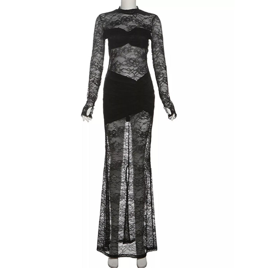 Lace Sheer Mock Neck Long Sleeve Maxi Dress Apparel and Accessories