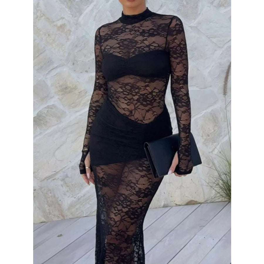 Lace Sheer Mock Neck Long Sleeve Maxi Dress Apparel and Accessories