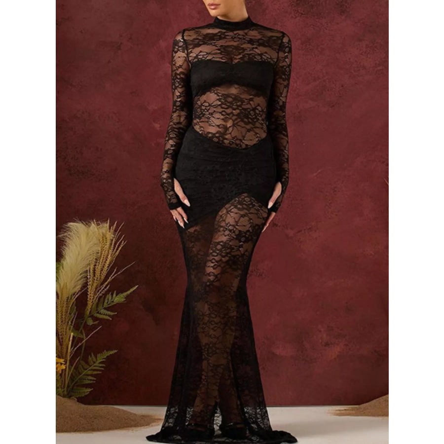 Lace Sheer Mock Neck Long Sleeve Maxi Dress Apparel and Accessories