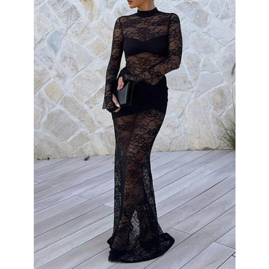 Lace Sheer Mock Neck Long Sleeve Maxi Dress Apparel and Accessories