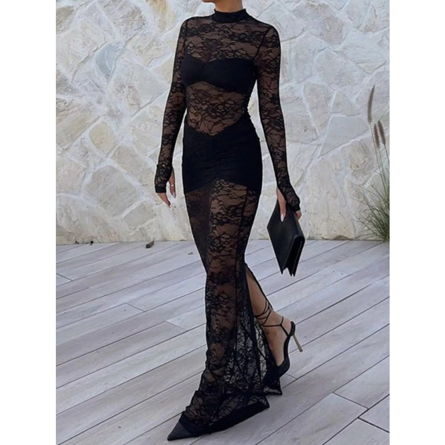 Lace Sheer Mock Neck Long Sleeve Maxi Dress Apparel and Accessories