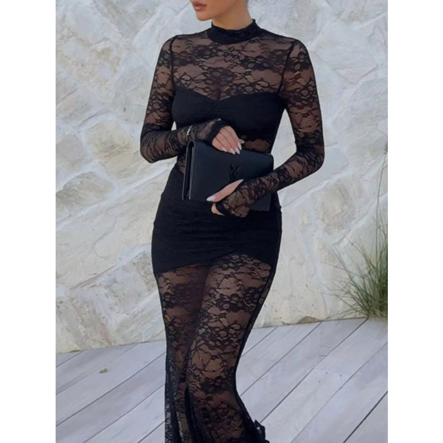 Lace Sheer Mock Neck Long Sleeve Maxi Dress Apparel and Accessories