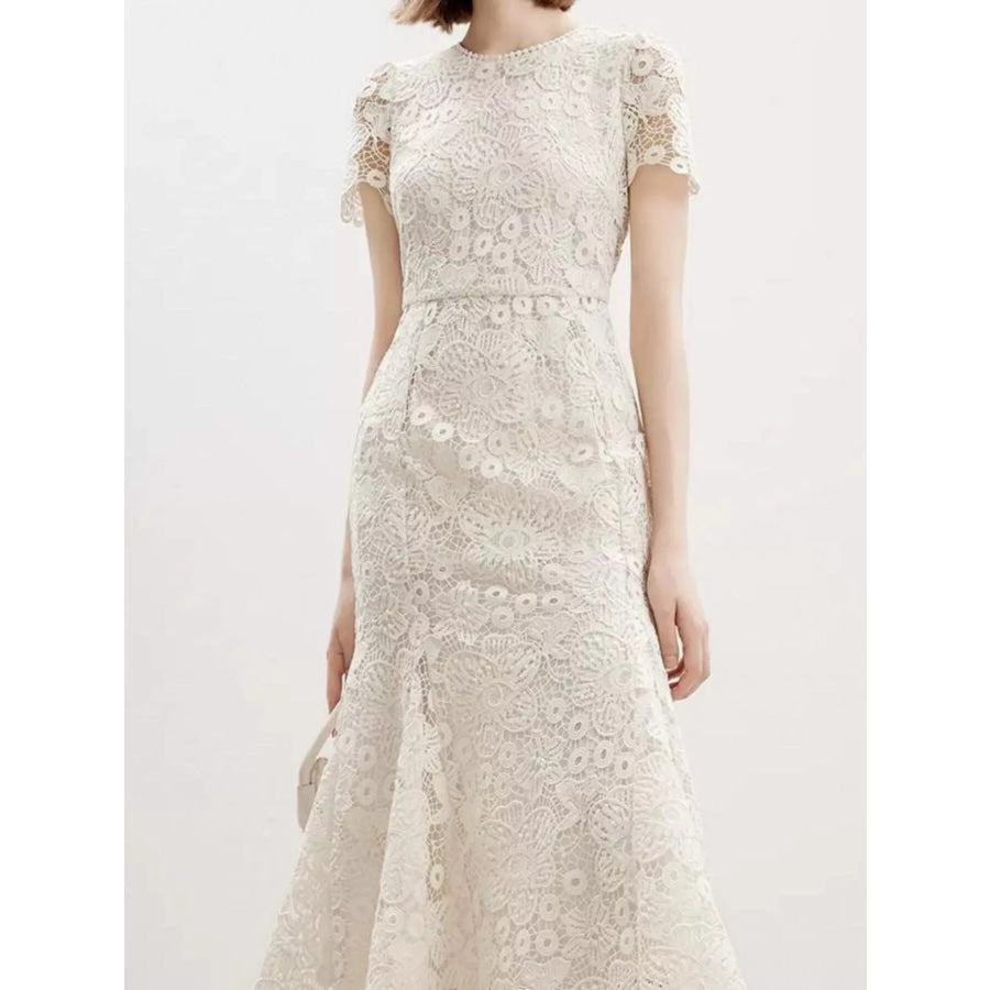 Lace Short Sleeve Mermaid Dress Cream / S Apparel and Accessories