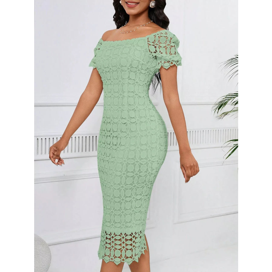 Lace Short Sleeve Midi Dress Apparel and Accessories