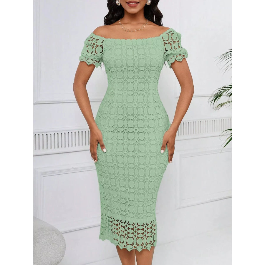 Lace Short Sleeve Midi Dress Apparel and Accessories