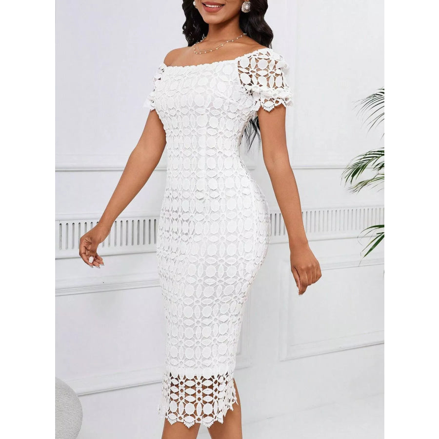 Lace Short Sleeve Midi Dress Apparel and Accessories