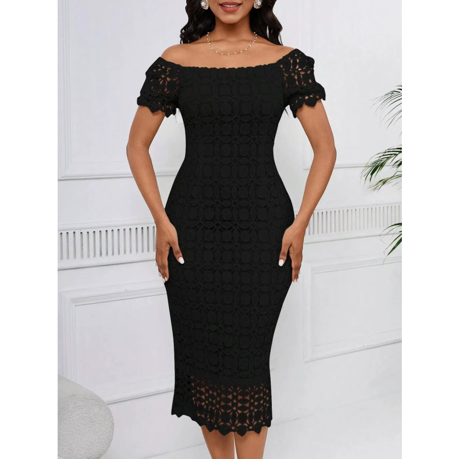 Lace Short Sleeve Midi Dress Apparel and Accessories