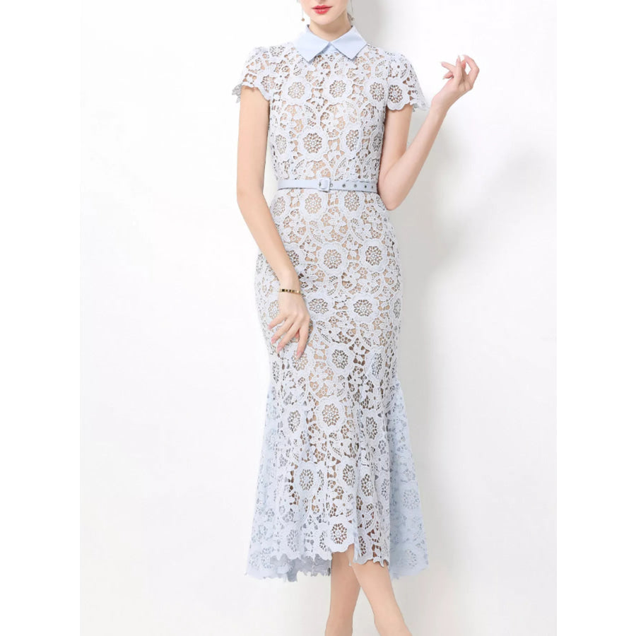 Lace Short Sleeve Midi Dress Light Blue / S Apparel and Accessories