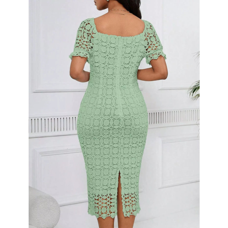 Lace Short Sleeve Midi Dress Apparel and Accessories