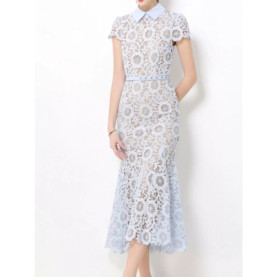 Lace Short Sleeve Midi Dress Light Blue / S Apparel and Accessories