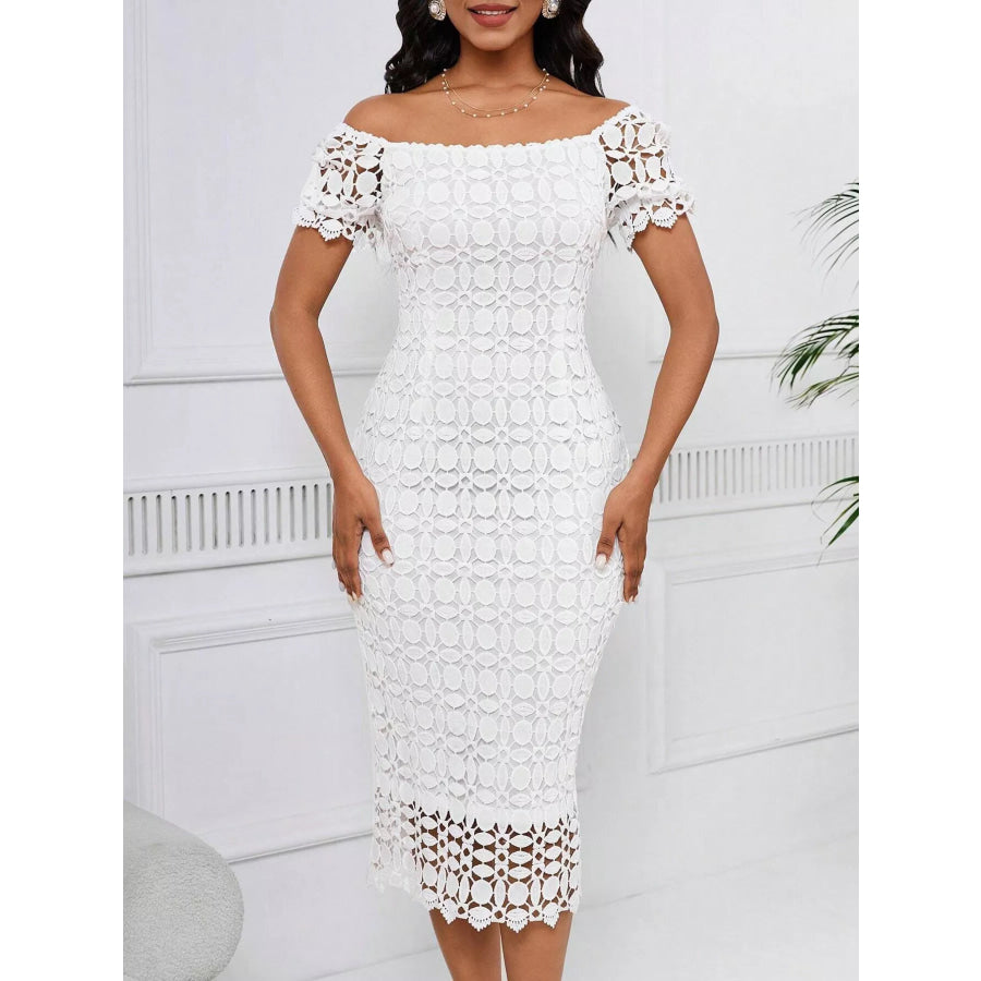 Lace Short Sleeve Midi Dress White / S Apparel and Accessories