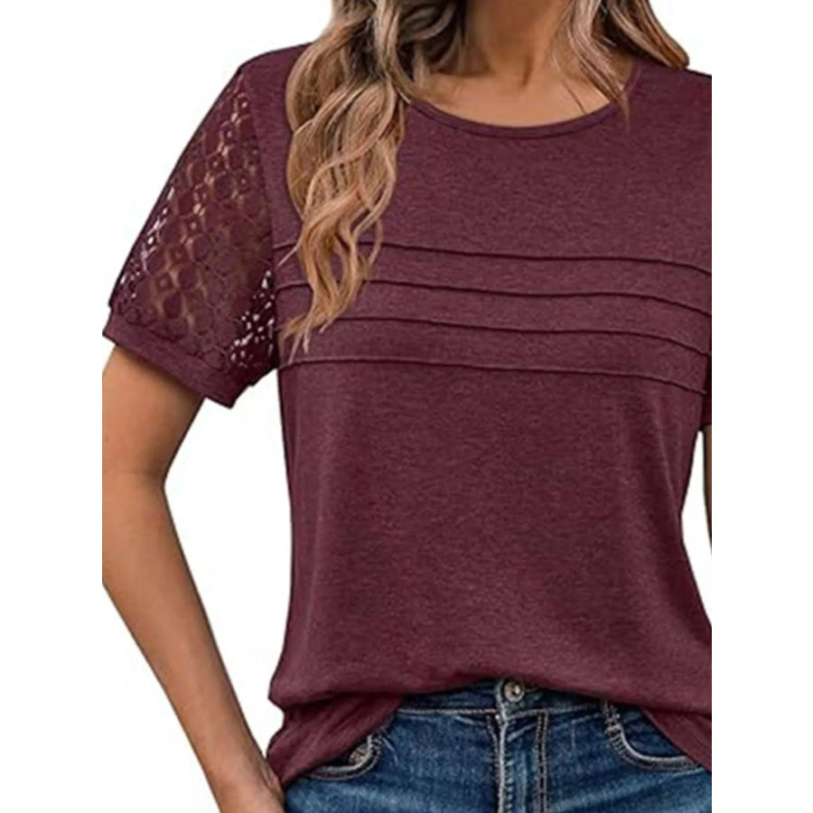 Lace Short Sleeve Round Neck T-Shirt Apparel and Accessories