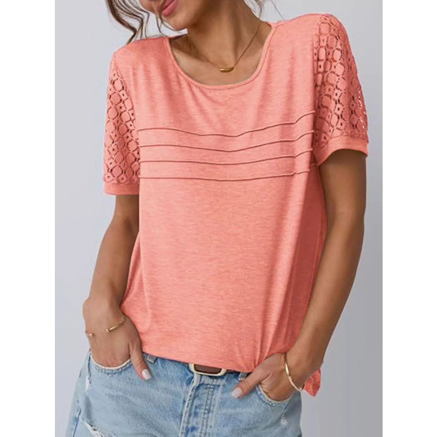 Lace Short Sleeve Round Neck T-Shirt Apparel and Accessories