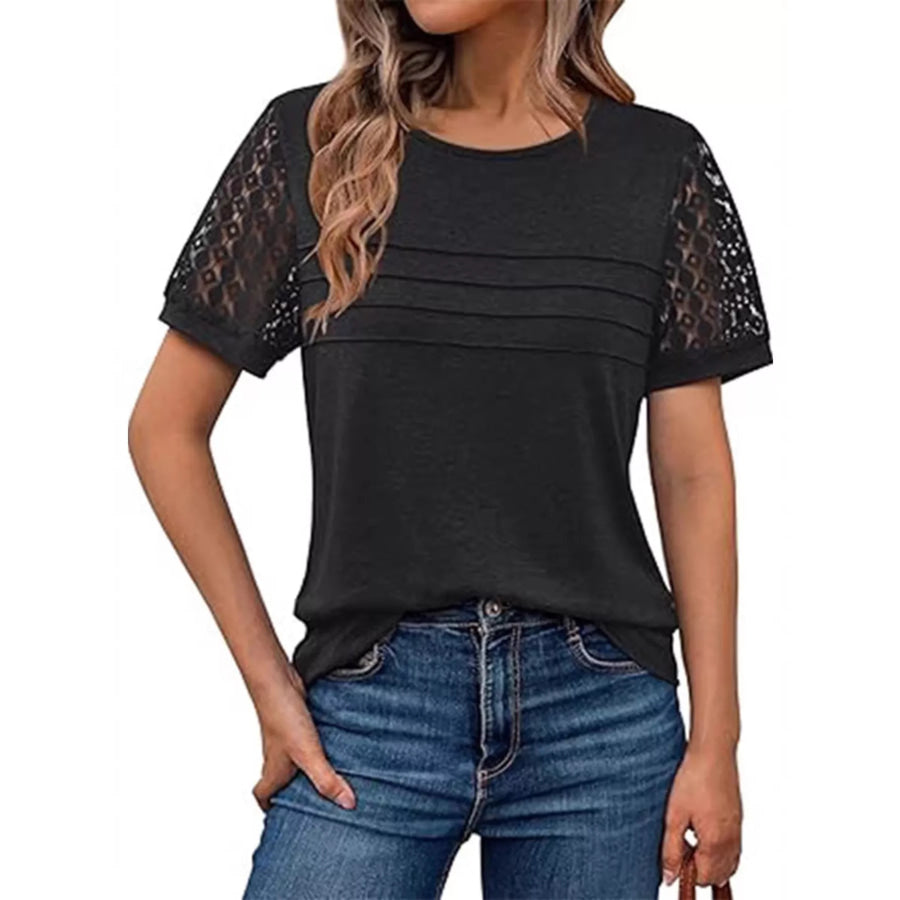 Lace Short Sleeve Round Neck T-Shirt Black / S Apparel and Accessories