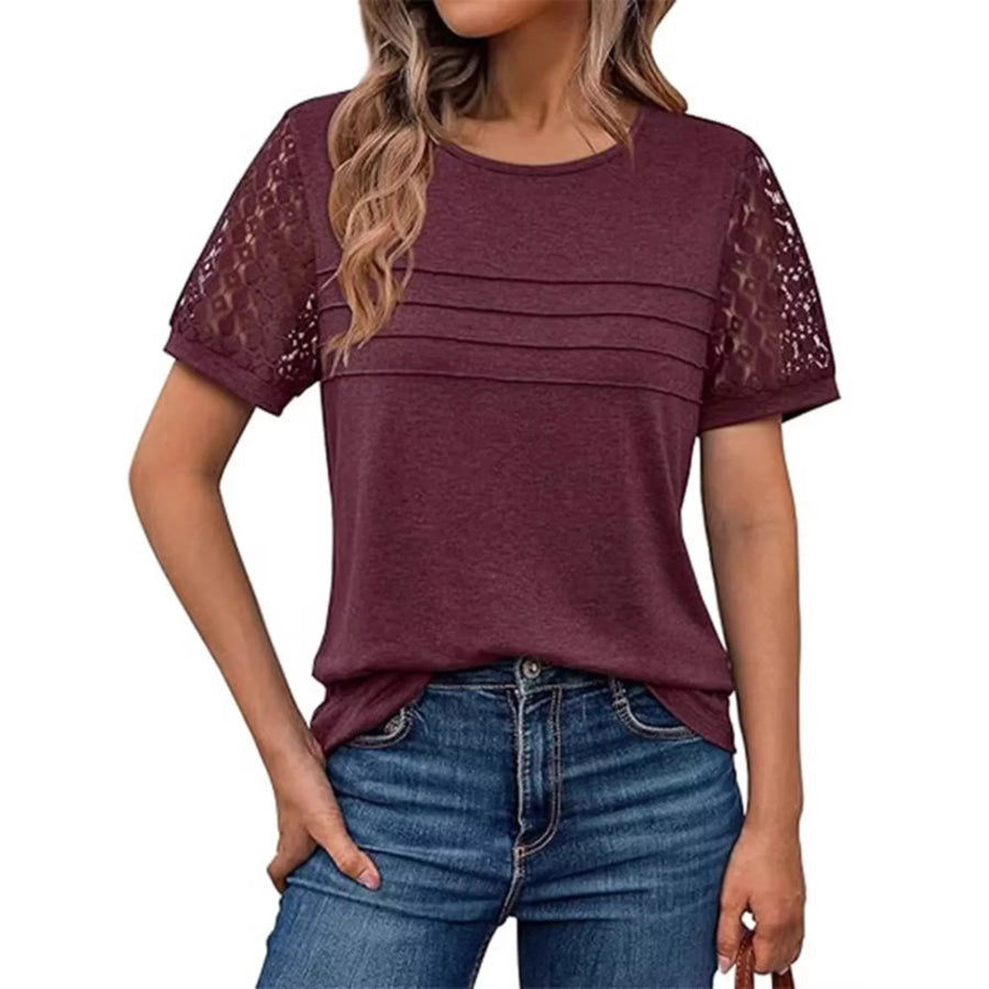 Lace Short Sleeve Round Neck T-Shirt Burgundy / S Apparel and Accessories