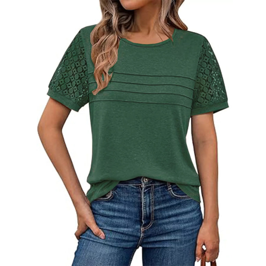 Lace Short Sleeve Round Neck T-Shirt Dark Green / S Apparel and Accessories