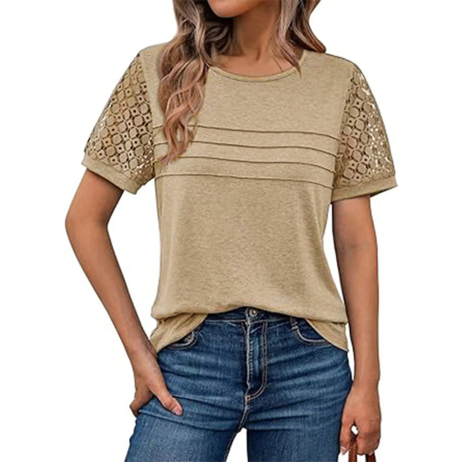 Lace Short Sleeve Round Neck T-Shirt Tan / S Apparel and Accessories
