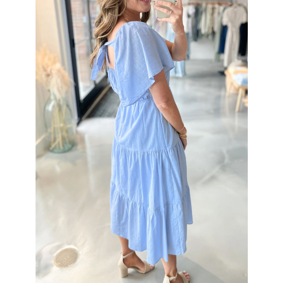 Lace Short Sleeve Tiered Midi Dress Light Blue / S Apparel and Accessories