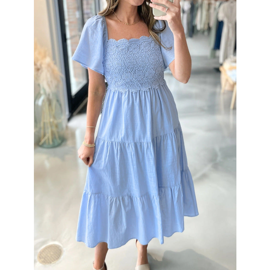 Lace Short Sleeve Tiered Midi Dress Light Blue / S Apparel and Accessories